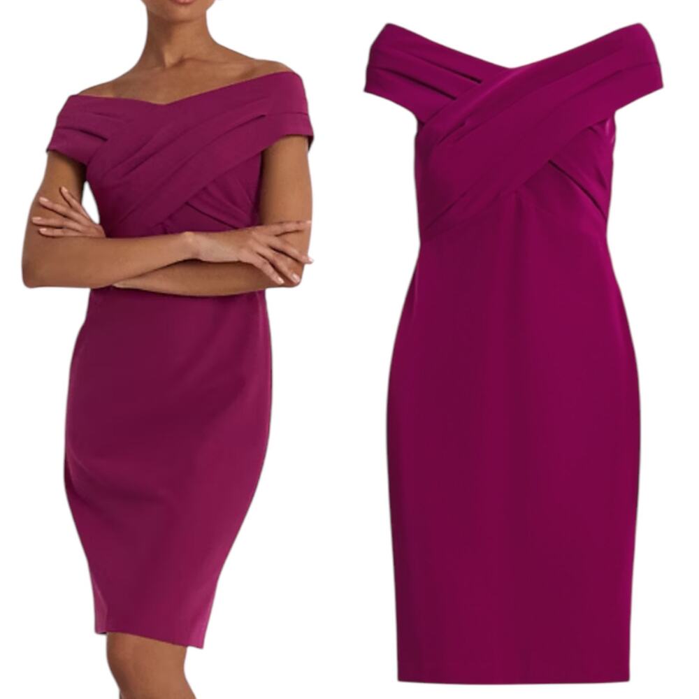 Off-Shoulder Cross-Detail Sheath Dress - Magenta